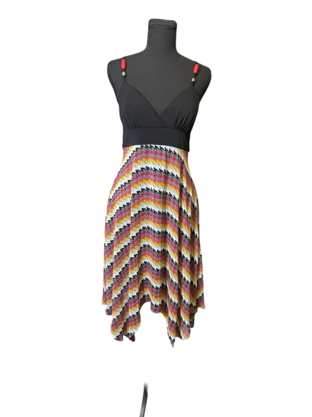 Y2K‎ XOXO Black Bust Chevron Handkerchief Hem Maxi Dress  Red and Yellow Accents